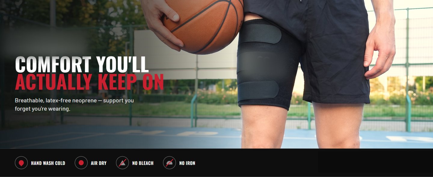A+ comfort module: 'Comfort you'll actually keep on' — breathable latex-free neoprene, with care icons.
