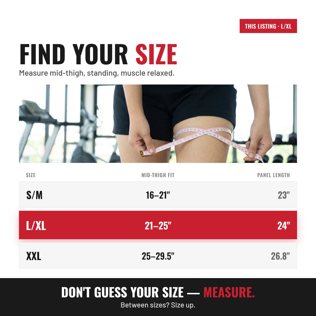 Gallery size-selector slot with a mid-thigh measurement guide and a size table.