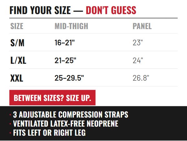 Mobile version of the sizing module, text-light with a compact size table sized for a phone screen.